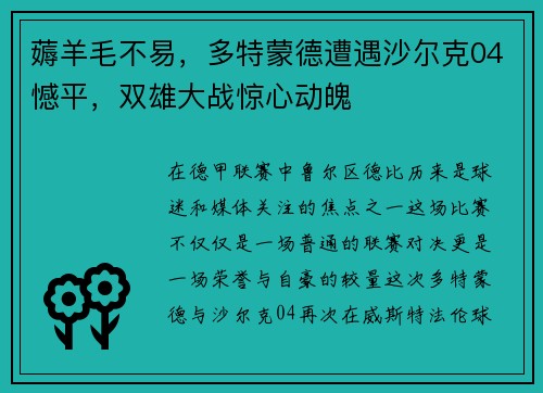 薅羊毛不易，多特蒙德遭遇沙尔克04憾平，双雄大战惊心动魄